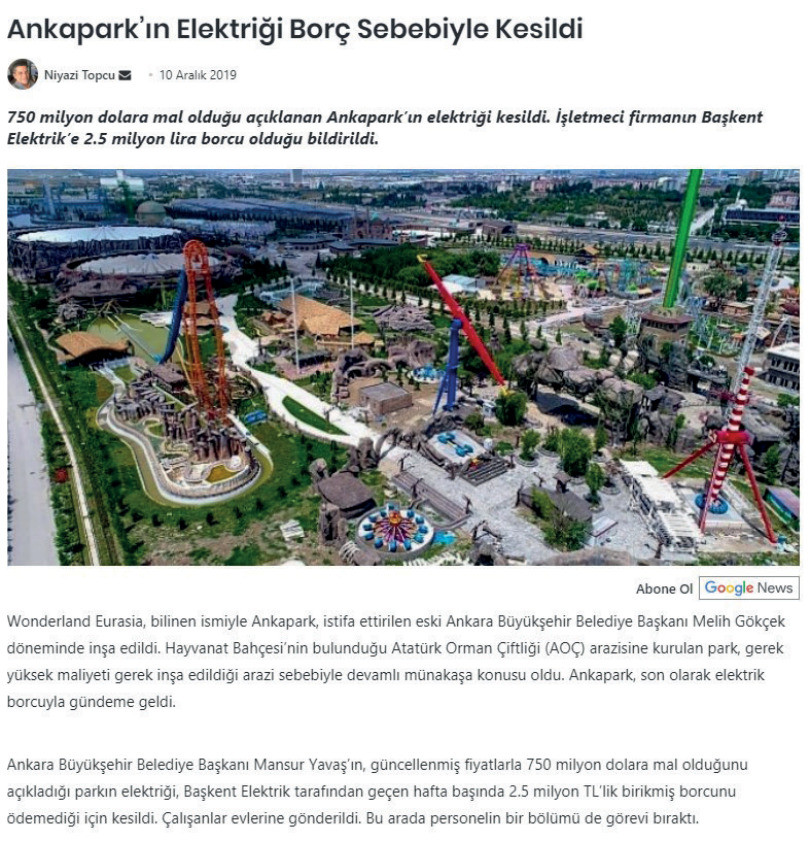 Ankapark'ın elektriği borç sebebiyle kesildi haberi