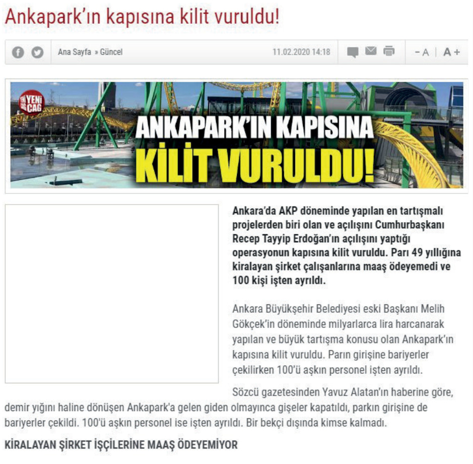 Yeni Çağ – Ankapark'ın kapısına kilit vuruldu