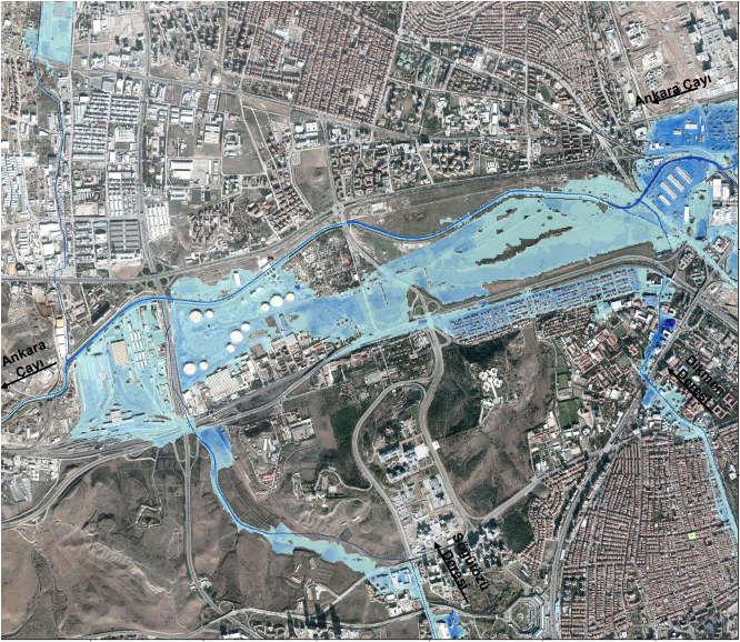 Ankapark alanının Ankara Çayı taşkın hattı ile ilişkisini gösteren harita